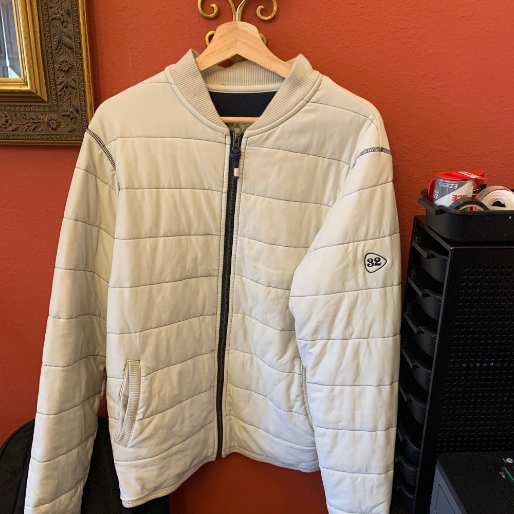 32 BAR BLUES WHITE JACKET MEN'S LARGE WITH KNITTED COLLAR AND POCKETS